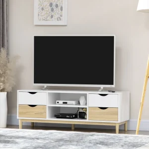 Móvel de TV Móvel para Televisores de até 55" com Prateleiras de Armazenamento e 4 Gavetas para Sala de Estar 120x40x44,5cm Branco e Carvalho