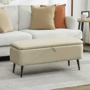 Banco de Armazenamento Estofado em Linho com Tampa Abatível e Pés de Aço para Dormitório Sala de Estar Entrada Carga Máxima 150kg 101x38,5x44,5 cm Bege
