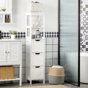 Armário Casa de Banho Estreito com 3 Gavetas e 2 Prateleiras Abertas Coluna de Casa de Banho Estilo Moderno para Sala Casa de Banho Cozinha 30x30x141,6 cm Branco
