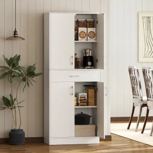 Armário de Cozinha Móvel de Cozinha com 4 Portas 1 Gaveta e Prateleiras Ajustáveis Anti-Tombo Armário de Cozinha Moderno para Sala de Jantar Sala de Estar 70,8x34x180 cm Branco