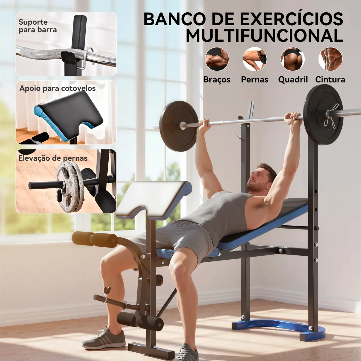 Banco de Musculação Multifuncional Banco de Pesos com Suporte para Barras e Encosto Ajustável para Treino Completo de Corpo em Casa Ginásio 155x56,5x120 cm Preto e Azul - Image 6