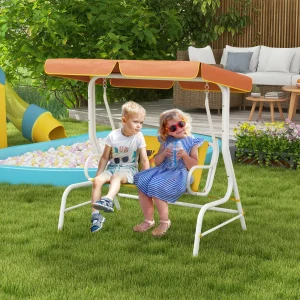 Balanço de Jardim Exterior Balanço de Jardim Infantil de 2 Lugares com Padrão de Leão Toldo Ajustável em Ângulo Carga 60 kg 110x70x110 cm Amarelo