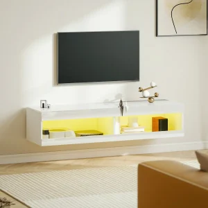 Móvel de TV Suspenso com Luzes LED Controlo Remoto Compartimentos Orifício Passa-Cabos para Televisão 55-60 Polegadas 140x40x30 cm Branco Brilhante