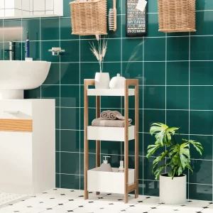 Móvel Auxiliar de banheiro com 3 Prateleiras Organizadoras de Bambu 27,5x20,8x74 cm Cor Branco e Natural