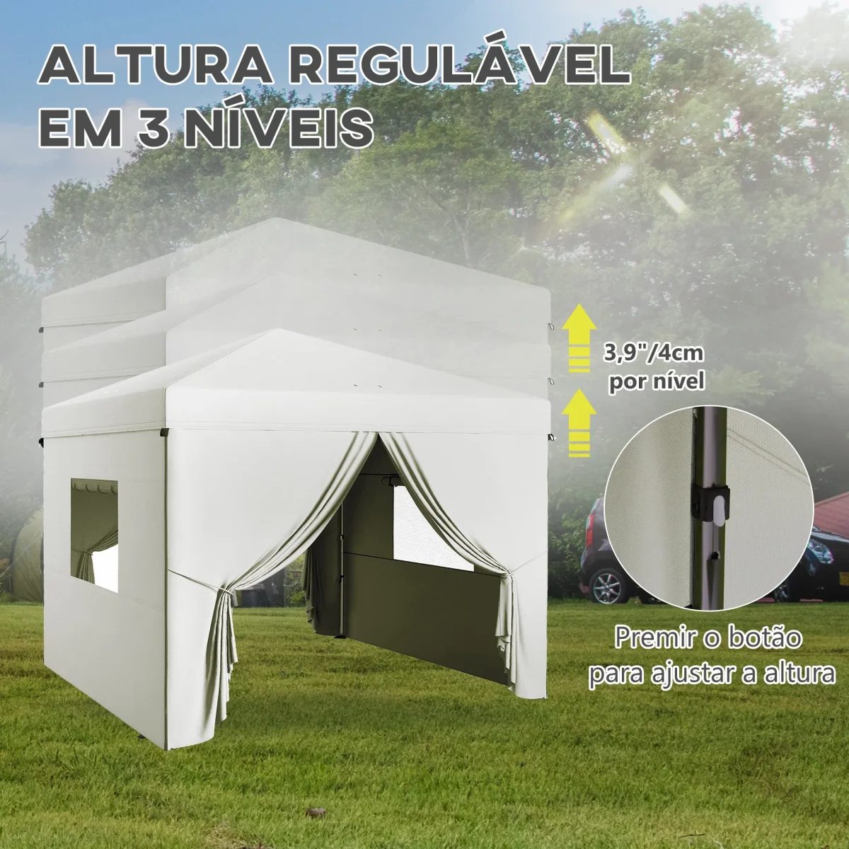 Tenda Dobrável 3x3 m Tenda de Jardim com 4 Paredes Laterais 2 Janelas de Malha Altura Ajustável Bolsa de Transporte Impermeável e Anti-UV para Campismo Festas Branco - Image 6