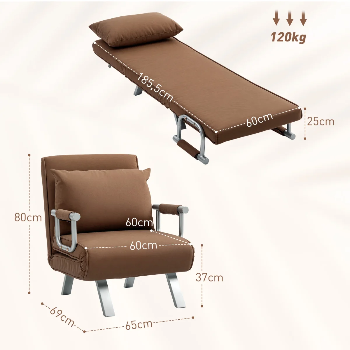 Sofá Cama Individual Poltrona Cama Individual Sofá Reclinável com Almofada para Sala Quarto Escritório Carga 100 kg 65x69x80 cm Marrom - Image 4