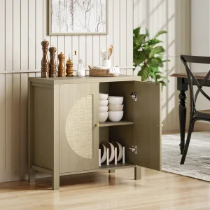 Aparador de Cozinha com 2 Portas de Vime Sintético Móvel Auxiliar de Cozinha com Prateleira Ajustável e 2 Puxadores Móvel Auxiliar Cozinha 75x38x77 cm Madeira