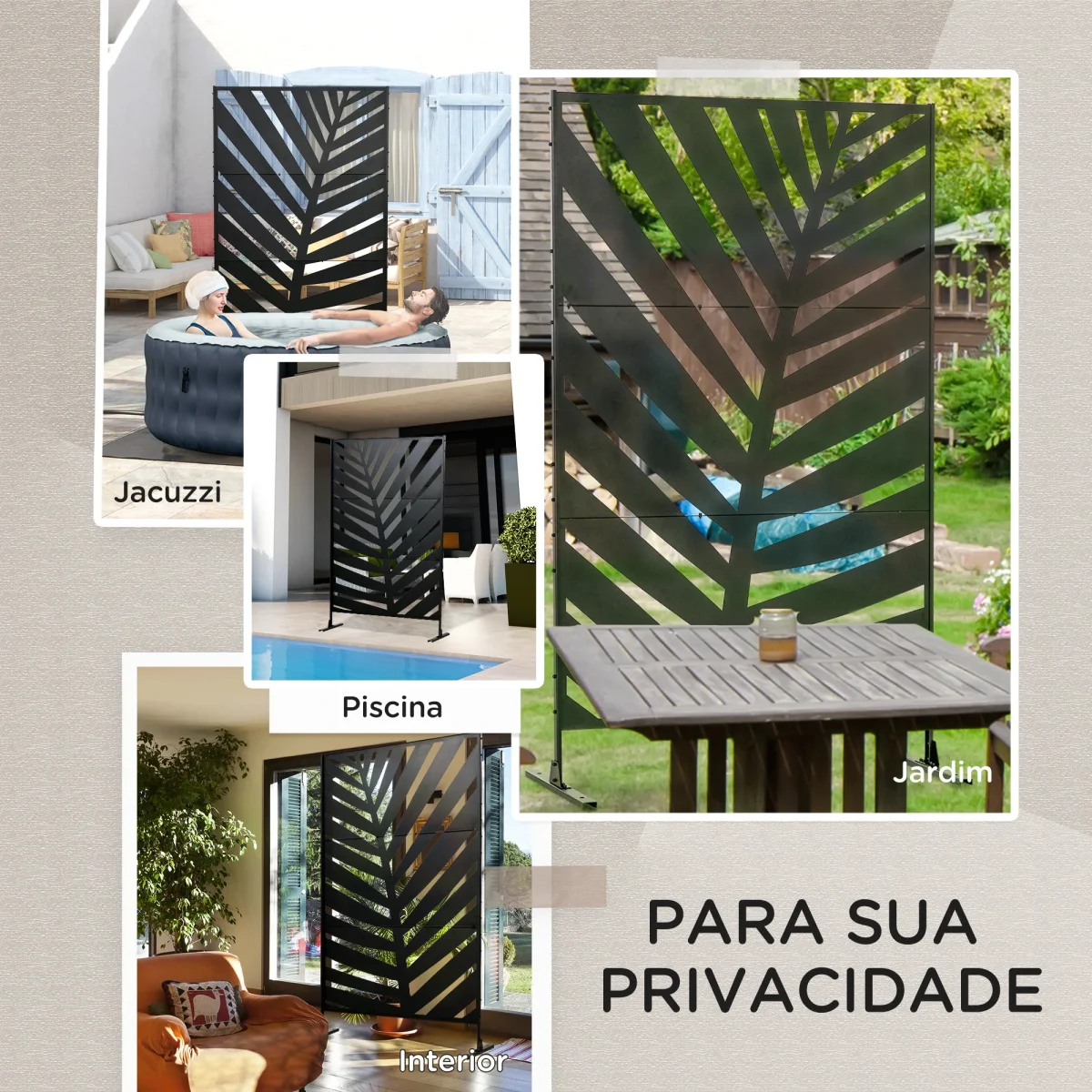 Biombo de 3 Peças Separador de Ambientes com Desenho de Folha de Bananeira Biombo para Exterior Jardim Varanda 122x45x198 cm Preto - Image 7