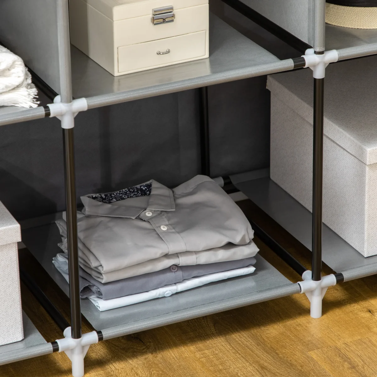 Roupeiro de Tecido Dobrável Armário Portátil com 8 Prateleiras de Armazenamento e 2 Barras de Pendurar Organizador de Roupa para Dormitório Vestidor 125x43x162,5 cm Cinzento - Image 8