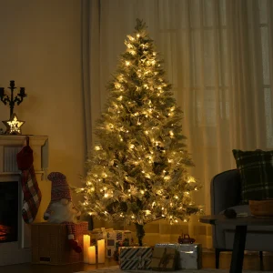Árvore de Natal Artificial 180 cm com 300 Luzes LED Brancas Quente Árvore de Natal Nevada com 577 Ramos e Base Dobrável Decoração de Natal para Interior Verde