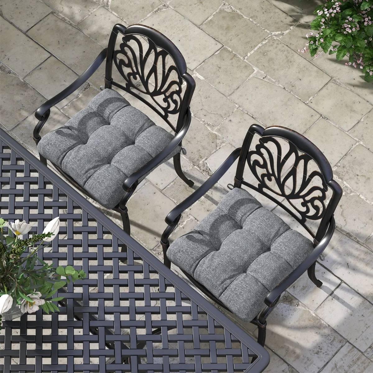Conjunto de Almofadas para Cadeiras de Sala 48x48x7 cm Conjunto de 4 Peças Almofadas para Cadeiras de Jardim Impermeáveis e Anti-UV com 2 Fitas de Fixação Cinzento - Image 9