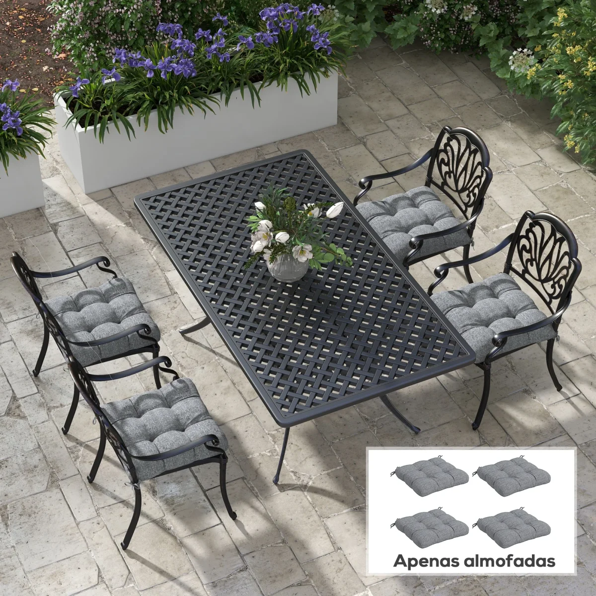 Conjunto de Almofadas para Cadeiras de Sala 48x48x7 cm Conjunto de 4 Peças Almofadas para Cadeiras de Jardim Impermeáveis e Anti-UV com 2 Fitas de Fixação Cinzento - Image 2