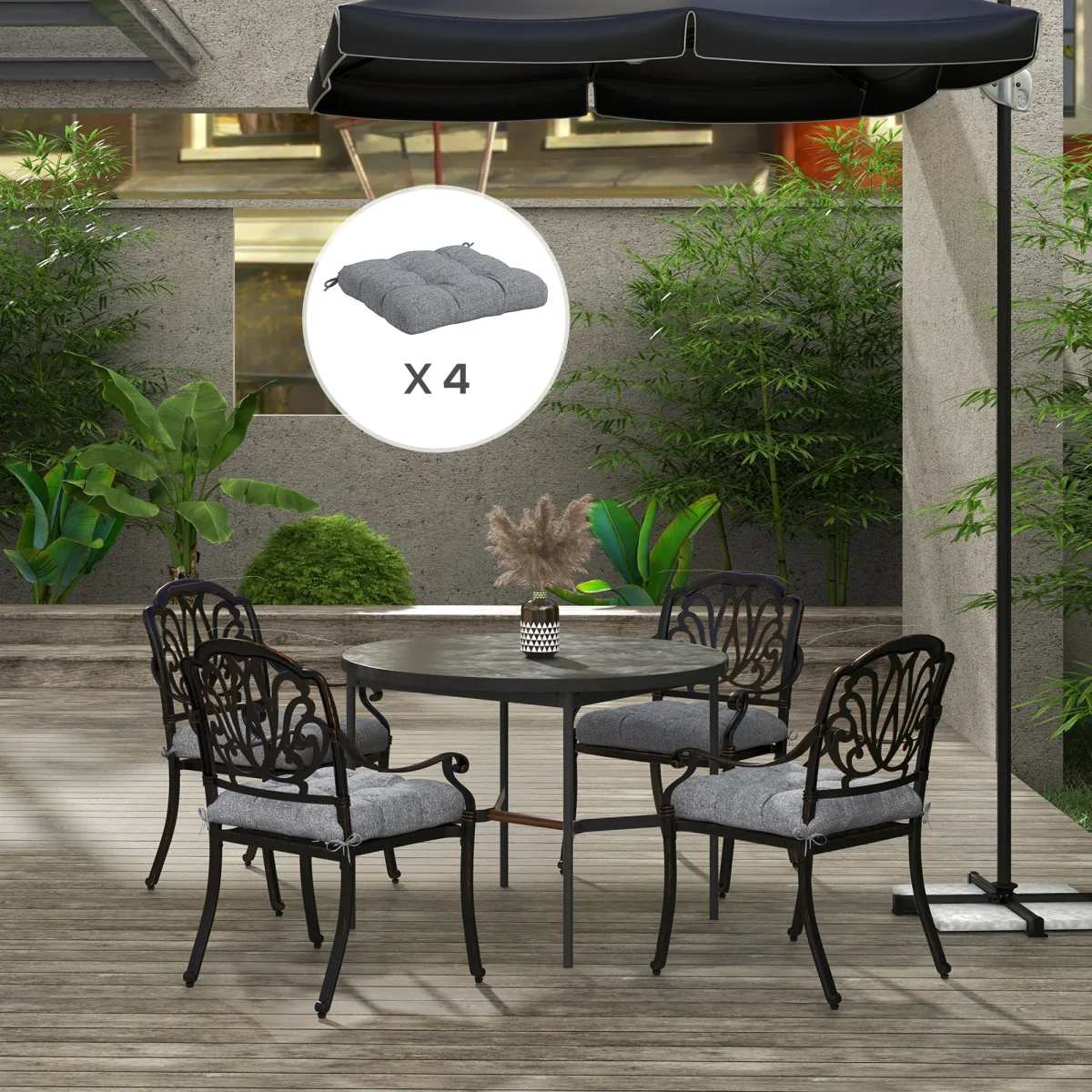 Conjunto de Almofadas para Cadeiras de Sala 48x48x7 cm Conjunto de 4 Peças Almofadas para Cadeiras de Jardim Impermeáveis e Anti-UV com 2 Fitas de Fixação Cinzento - Image 8