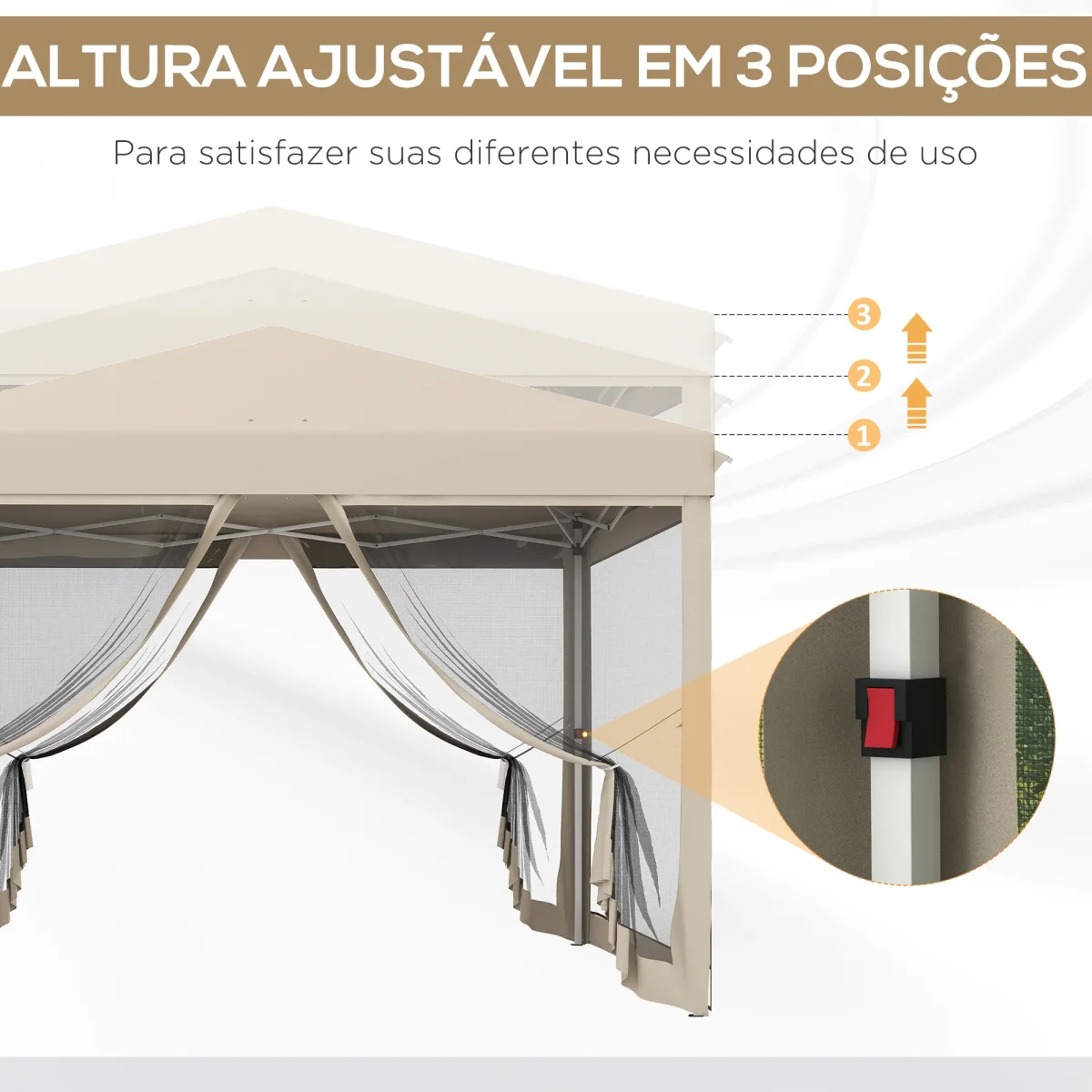 Tenda Dobrável 3x3 para Exterior Tenda Portátil de Jardim com Mosquiteiras Bolsa de Transporte Estrutura de Aço e Tecido Oxford Resistente para Festas Campismo Bege - Image 7