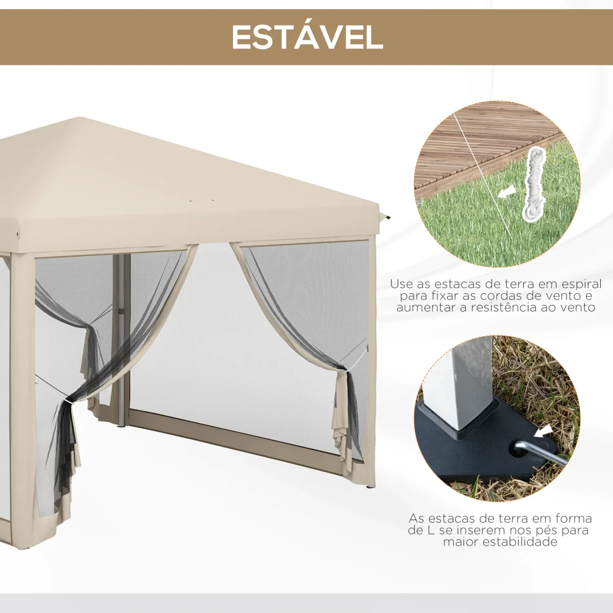 Tenda Dobrável 3x3 para Exterior Tenda Portátil de Jardim com Mosquiteiras Bolsa de Transporte Estrutura de Aço e Tecido Oxford Resistente para Festas Campismo Bege - Image 6