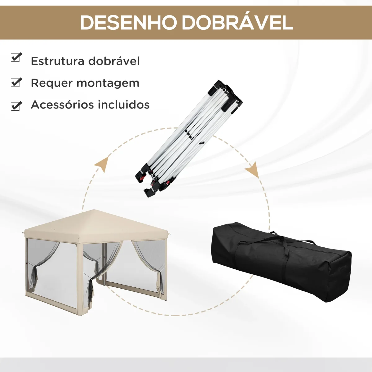 Tenda Dobrável 3x3 para Exterior Tenda Portátil de Jardim com Mosquiteiras Bolsa de Transporte Estrutura de Aço e Tecido Oxford Resistente para Festas Campismo Bege - Image 5
