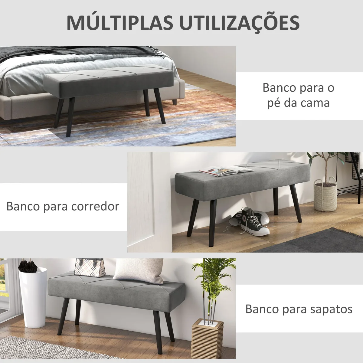 Banco de Pé de Cama Multifuncional Banco de Pé de Cama Moderno Banco de Dormitório com Pés de Aço e Assento Acolchoado Carga Máxima 120 kg Entrada Corredor 100x36x45 cm Cinza - Image 7