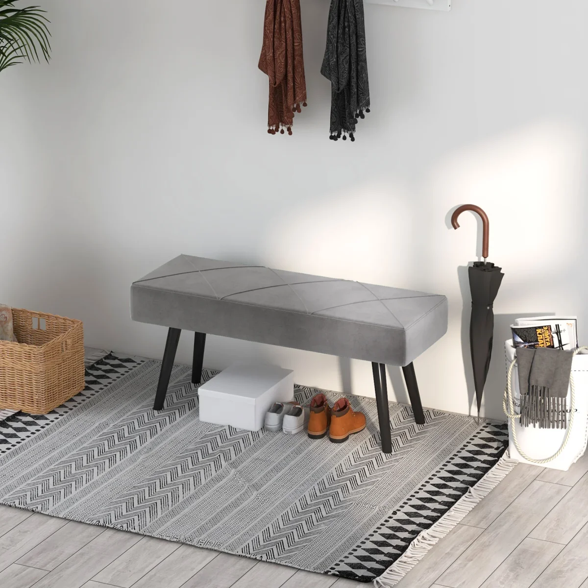 Banco de Pé de Cama Multifuncional Banco de Pé de Cama Moderno Banco de Dormitório com Pés de Aço e Assento Acolchoado Carga Máxima 120 kg Entrada Corredor 100x36x45 cm Cinza - Image 9