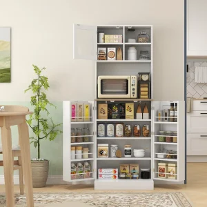 Armário de Cozinha Armário Alto de Cozinha Móvel Auxiliar de Cozinha com 3 Portas Prateleiras Ajustáveis e Prateleiras na Porta para Sala de Jantar 60x35x169 cm Branco