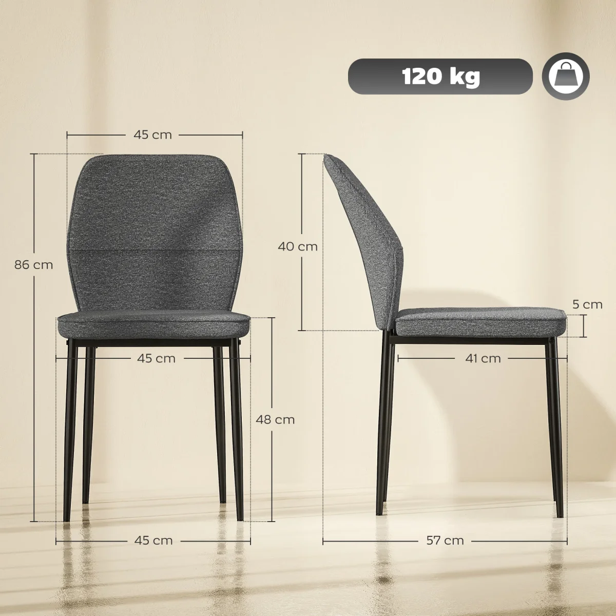Conjunto de 2 Cadeiras de Jantar Modernas Cadeiras de Cozinha com Assento Acolchoado e Estofado Encosto Curvo Pés de Aço para Sala Quarto 45x57x86 cm Cinzento - Image 4
