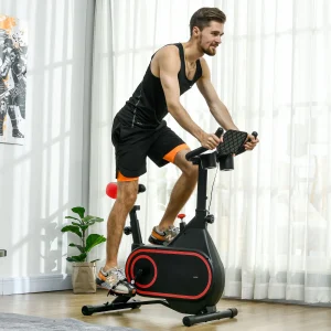 Bicicleta Estática com Ecrã LCD Assento e Guiador Ajustáveis Volante 4 kg e Porta Garrafa 93x48,5x102-112 cm Vermelho e Preto