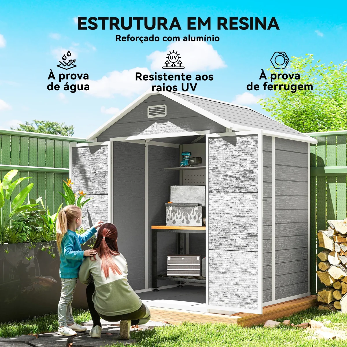 Abrigo de Jardim em Resina com Piso 182x151x219 cm Efeito Madeira Estrutura Reforçada em Alumínio Janela Ventilação Portas Duplas com Fechadura Cinzento - Image 5