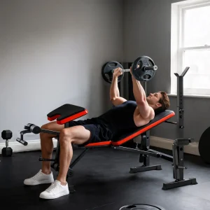 Banco de Pesos Multifuncional Banco de Musculação com Encosto Ajustável Suporte de Barras para Fitness Treinamento Completo 105x150x112cm Preto