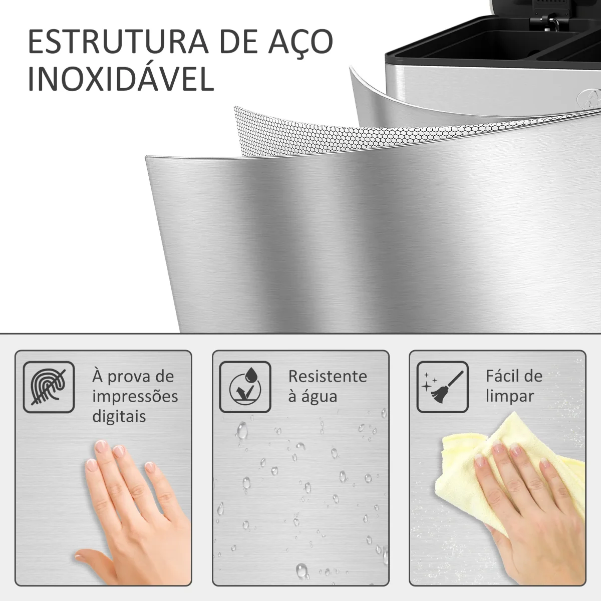 Balde de Lixo de Cozinha com 3 Compartimentos 3x10L Cubo de Lixo de Aço Inoxidável com Pedais Tampas com Fechamento Suave e Cubo Amovível para Escritório Cozinha 49,6x34,5x38,6 cm Prata - Image 9