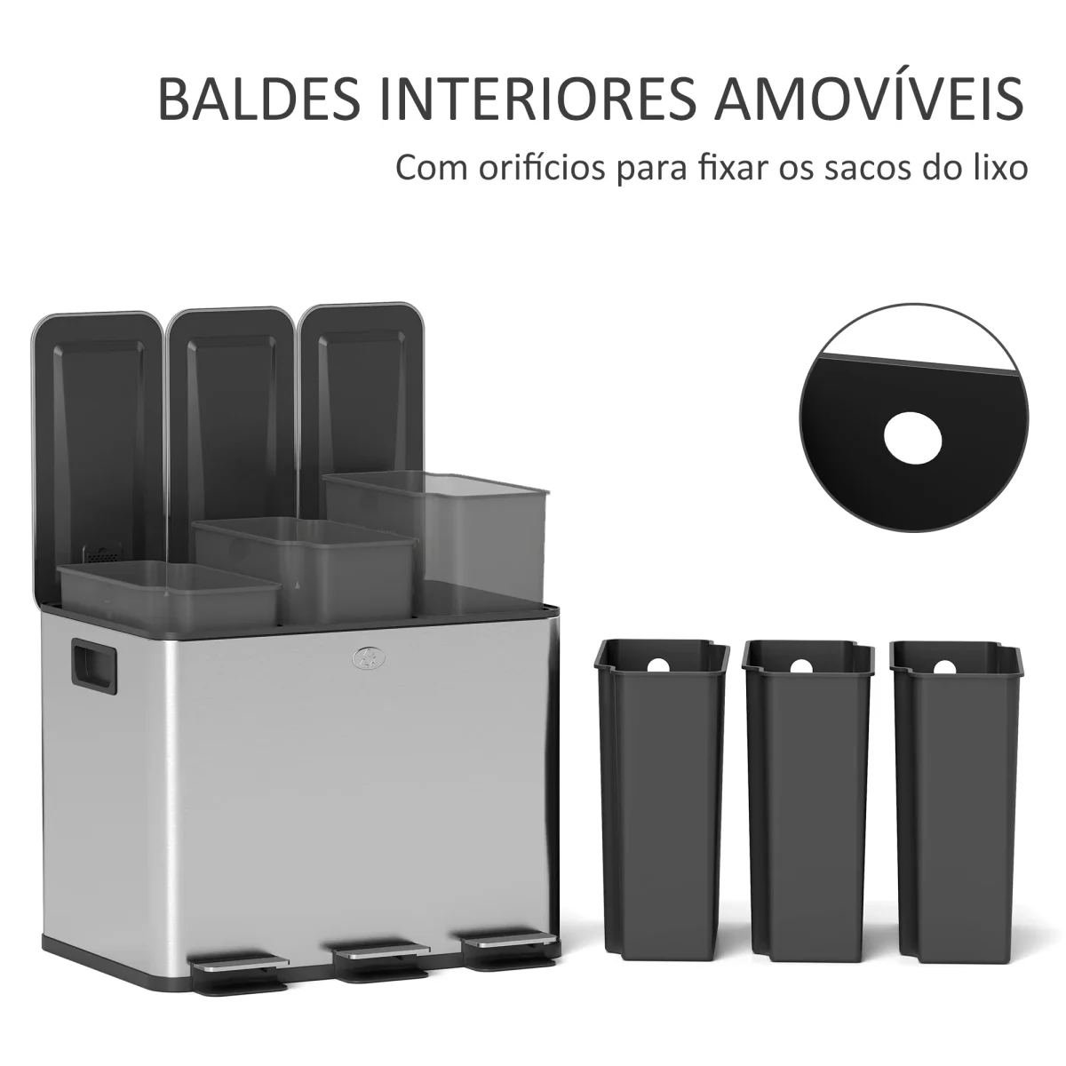Balde de Lixo de Cozinha com 3 Compartimentos 3x10L Cubo de Lixo de Aço Inoxidável com Pedais Tampas com Fechamento Suave e Cubo Amovível para Escritório Cozinha 49,6x34,5x38,6 cm Prata - Image 8