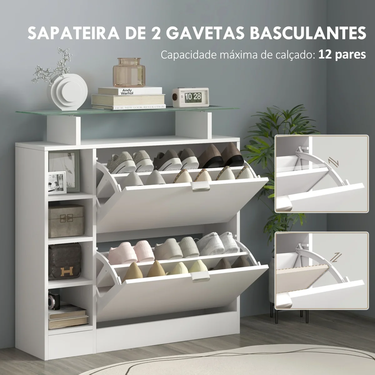 Sapateiro Moderno Sapateiro de Entrada Hall com Gavetas Basculantes, Prateleiras Ajustáveis e Prateleiras Abertas para 12 Pares de Sapatos Sapateiro Estreito para Corredor 89x25x92 cm Branco - Image 5