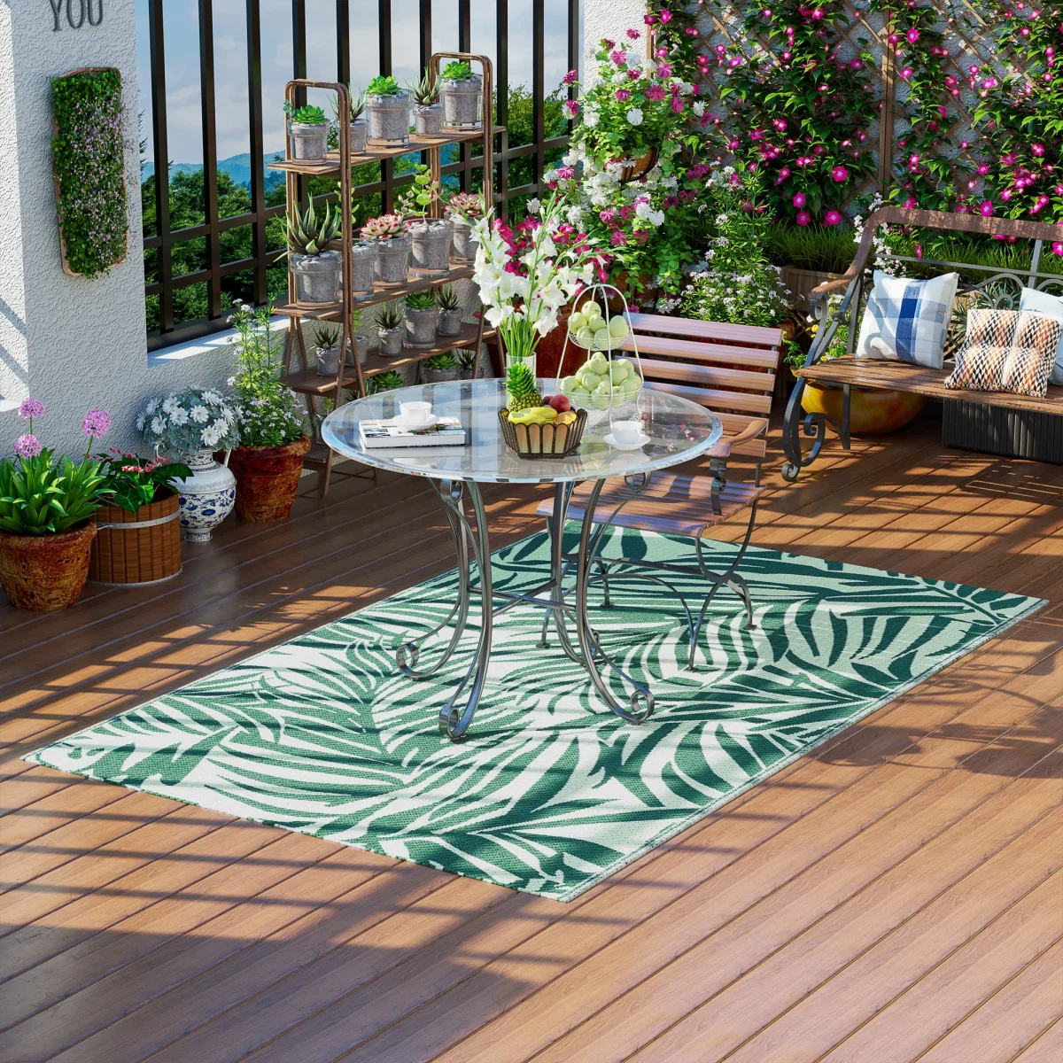 Tapete de Exterior 152x243 cm Tapete Reversível com Padrão de Folhas para Varanda Pátio Campismo Praia Verde Escuro e Branco - Image 2