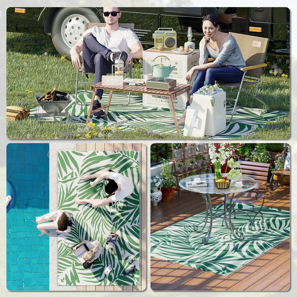 Tapete de Exterior 152x243 cm Tapete Reversível com Padrão de Folhas para Varanda Pátio Campismo Praia Verde Escuro e Branco - Image 6