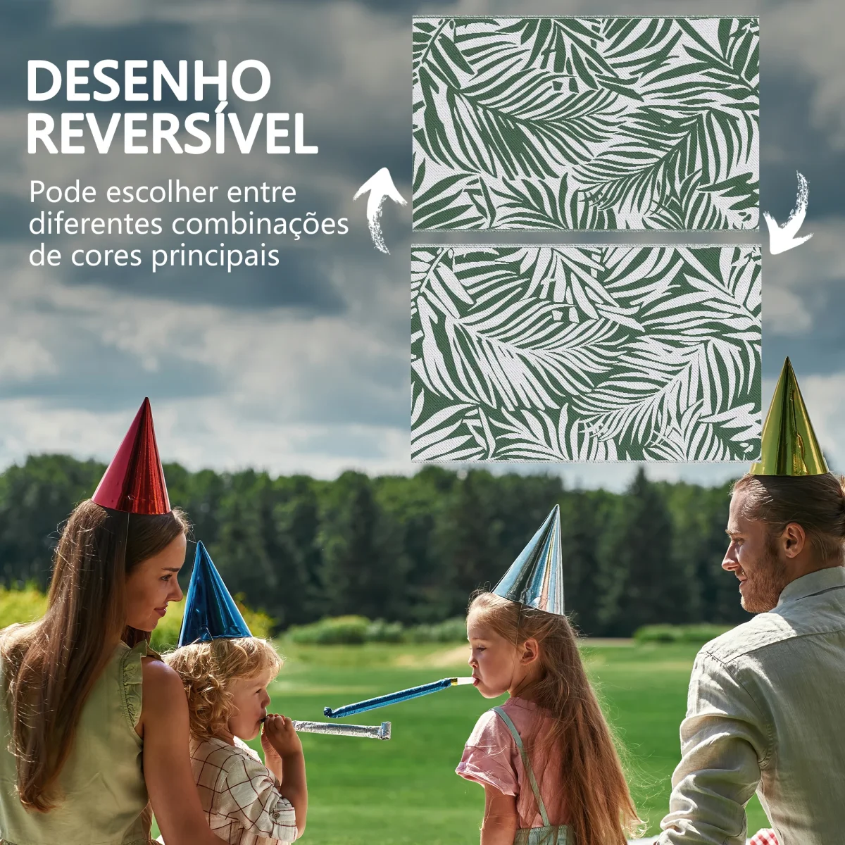 Tapete de Exterior 152x243 cm Tapete Reversível com Padrão de Folhas para Varanda Pátio Campismo Praia Verde Escuro e Branco - Image 8