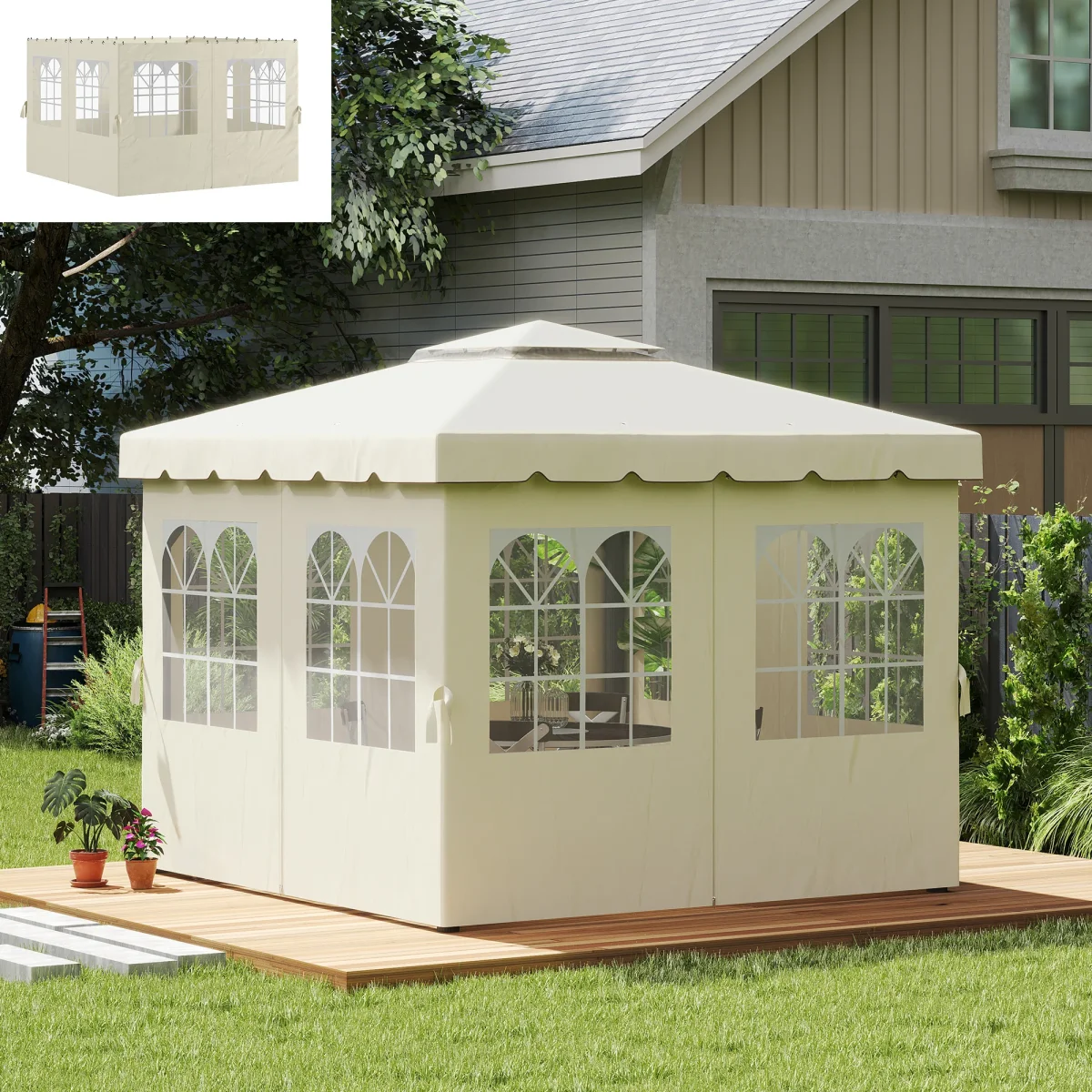 4 Paredes Laterais para Tenda 3x3 m Laterais de Tenda com Ganchos 8 Janelas Proteção UV Substituição Lateral para Tenda de Jardim Exterior Festa Creme - Image 2