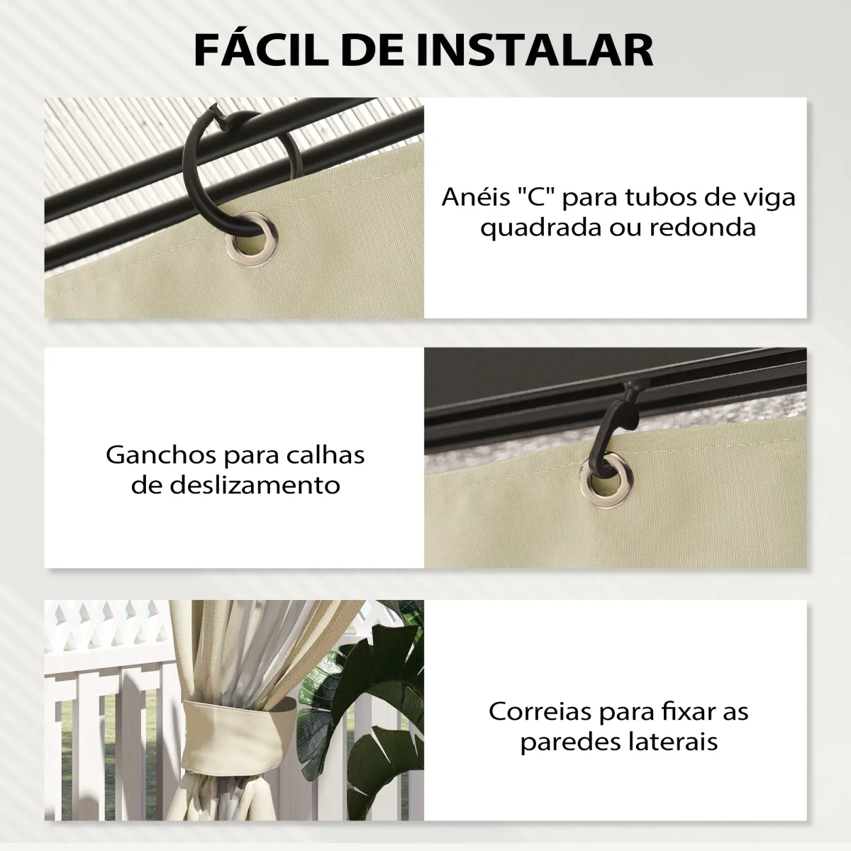 4 Paredes Laterais para Tenda 3x3 m Laterais de Tenda com Ganchos 8 Janelas Proteção UV Substituição Lateral para Tenda de Jardim Exterior Festa Creme - Image 7