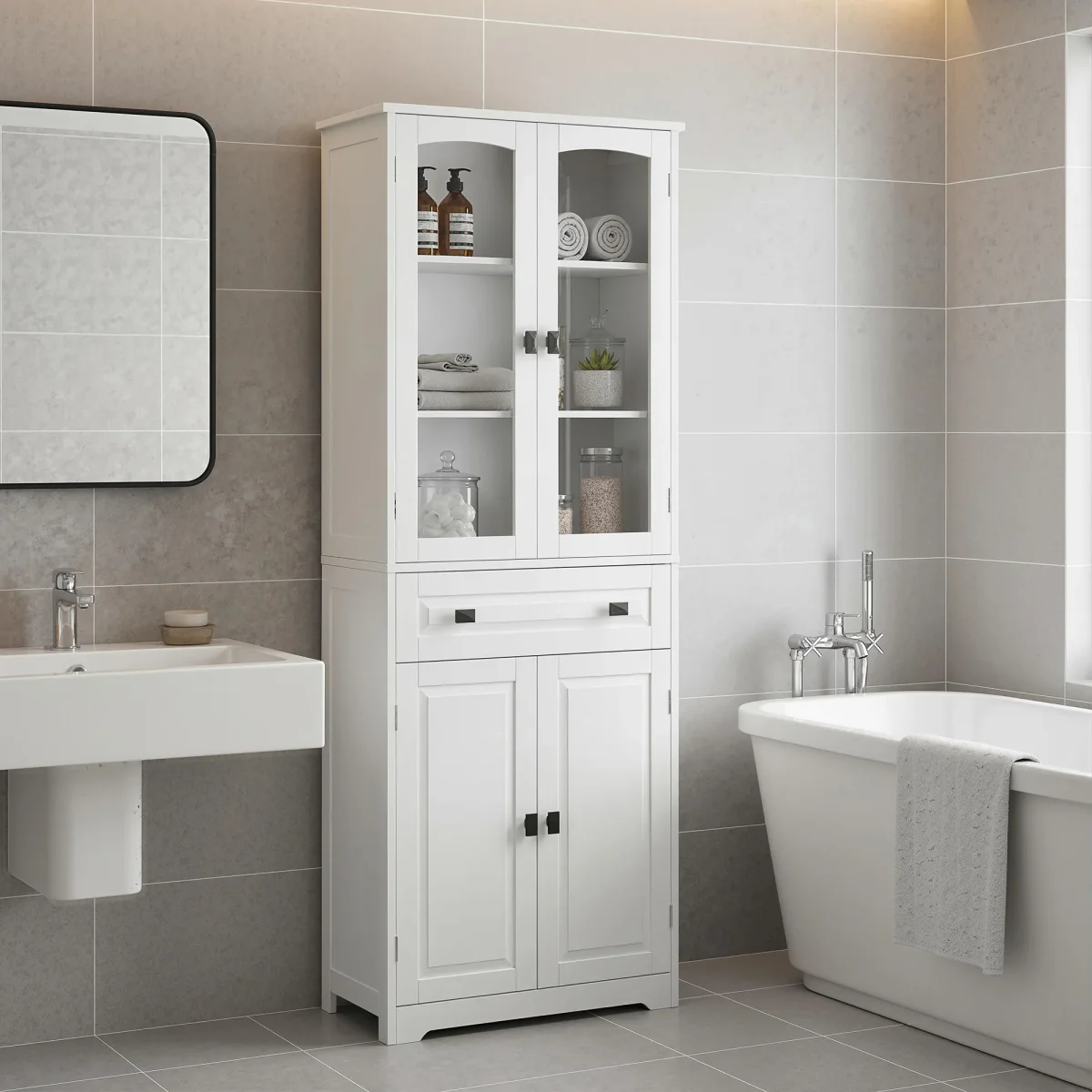 Armário de Cozinha Móvel Auxiliar de Cozinha com 4 Portas 1 Gaveta e 2 Prateleiras Ajustáveis para Sala de Jantar 60x30x160 cm Branco - Image 9