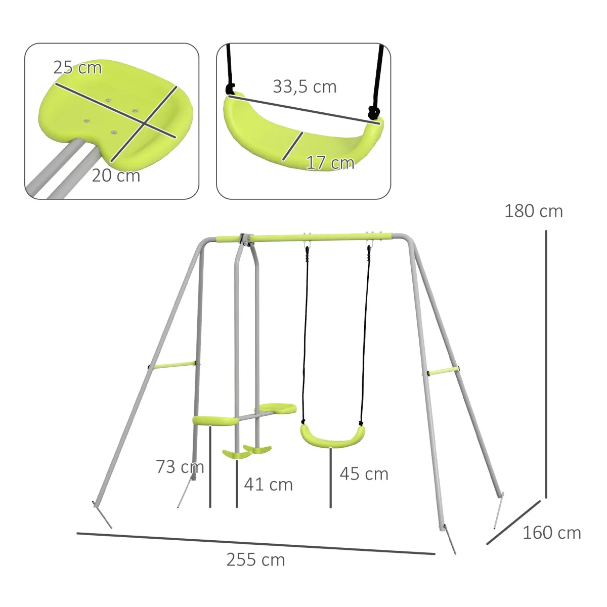 Baloiço para Crianças Baloiço Jardim com 1 Baloiço Simples 1 Planador e Anti-UV Baloiço Infantil Carga 135 kg 255x160x180 cm Cinza e Verde - Image 4