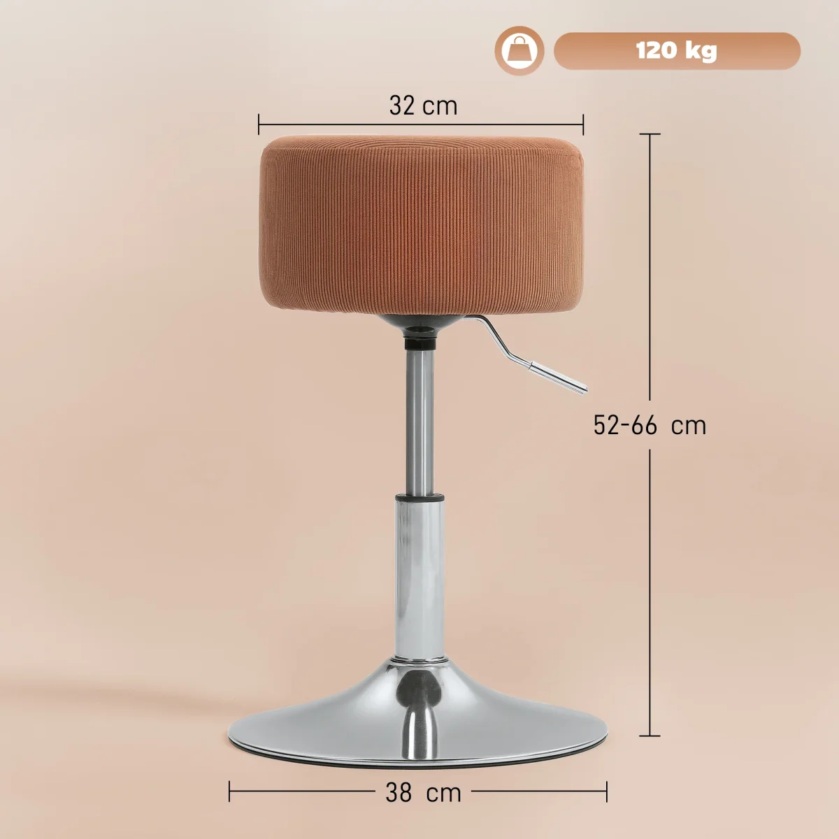 Banco de Bar Giratório Banco Alta de Cozinha Ajustável em Altura 52-66 cm Estofado em Veludo Giratória a 360° para Sala de Jantar Tocador Balcão Marrom - Image 4