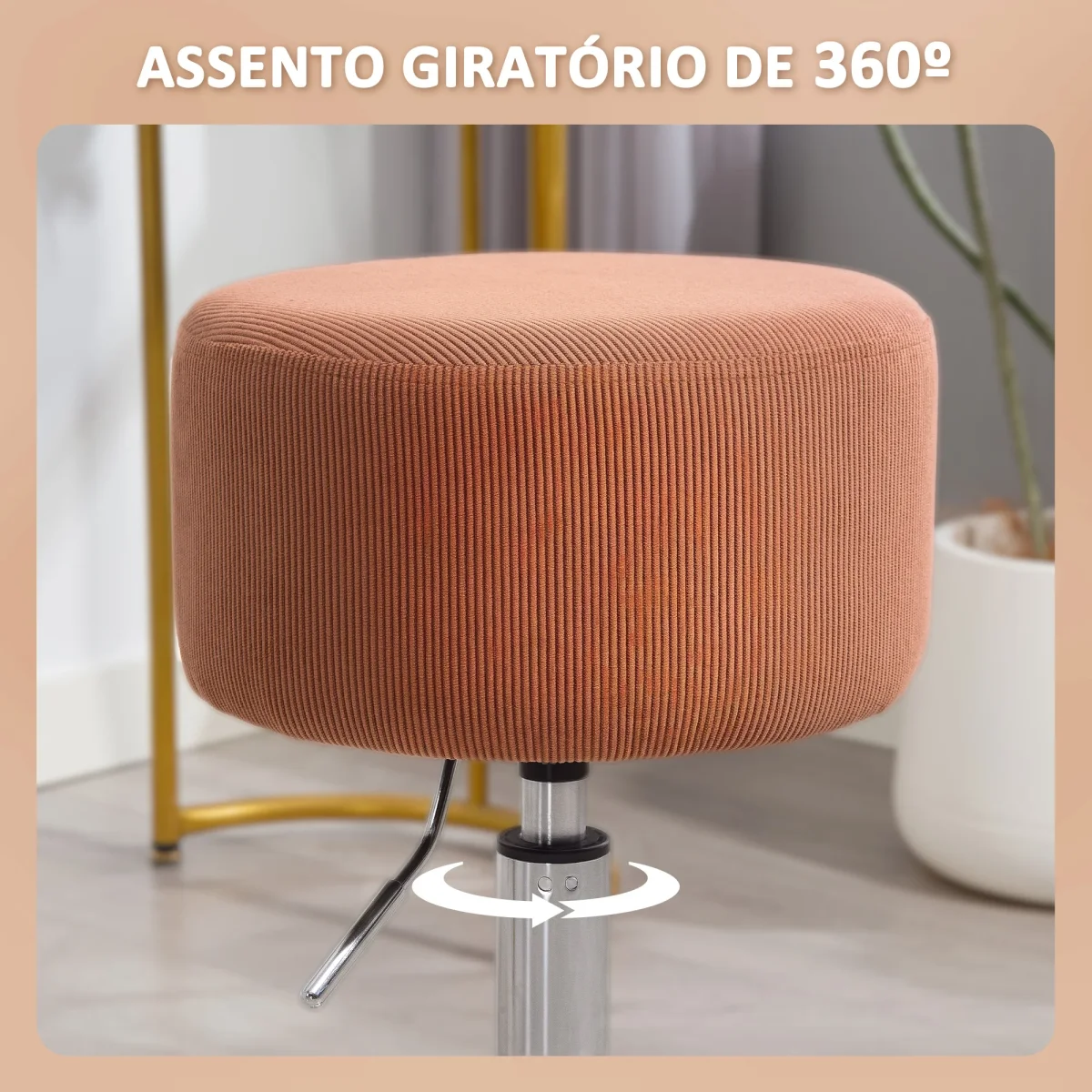Banco de Bar Giratório Banco Alta de Cozinha Ajustável em Altura 52-66 cm Estofado em Veludo Giratória a 360° para Sala de Jantar Tocador Balcão Marrom - Image 6