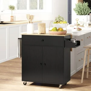 Ilha de Cozinha com Rodas Carrinho de Cozinha com Lateral Dobrável 2 Portas Gaveta Suporte para Temperos e Panos e Prateleira Ajustável 106x42x87 cm Preto e Carvalho