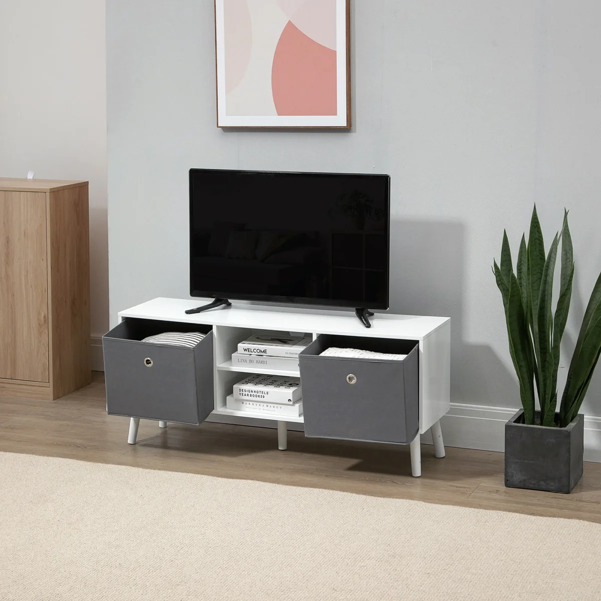 Móvel de TV para Televisores de até 50 Polegadas Móvel de Sala de Estar Moderno com 2 Gavetas de Tecido 2 Prateleiras Abertas e Orifício Passa Cabos 110x29x46,5cm Branco e Cinza - Image 9