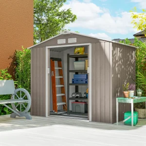 Abrigo de Jardim 213x130x185 cm Abrigo de Jardim Metálico de Exterior para Armazenamento de Ferramentas com 2 Portas Deslizantes e 4 Janelas para Terraço Madeira