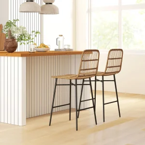 Conjunto de 2 Bancos Altos de Cozinha Bancos de Bar com Encosto e Assento em Vime Sintético Carga 120 kg Bancos de Bar Modernos para Cozinha Sala de Jantar 43x56x101 cm Marrom Claro