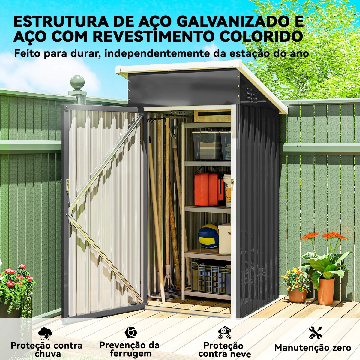 Abrigo Exterior Metálico 107,5x91x185 cm Abrigo de Jardim com Teto Inclinado Porta com Trinco Ventilação e Luvas Abrigo de Armazenamento para Ferramentas Cinza Escuro - Image 7