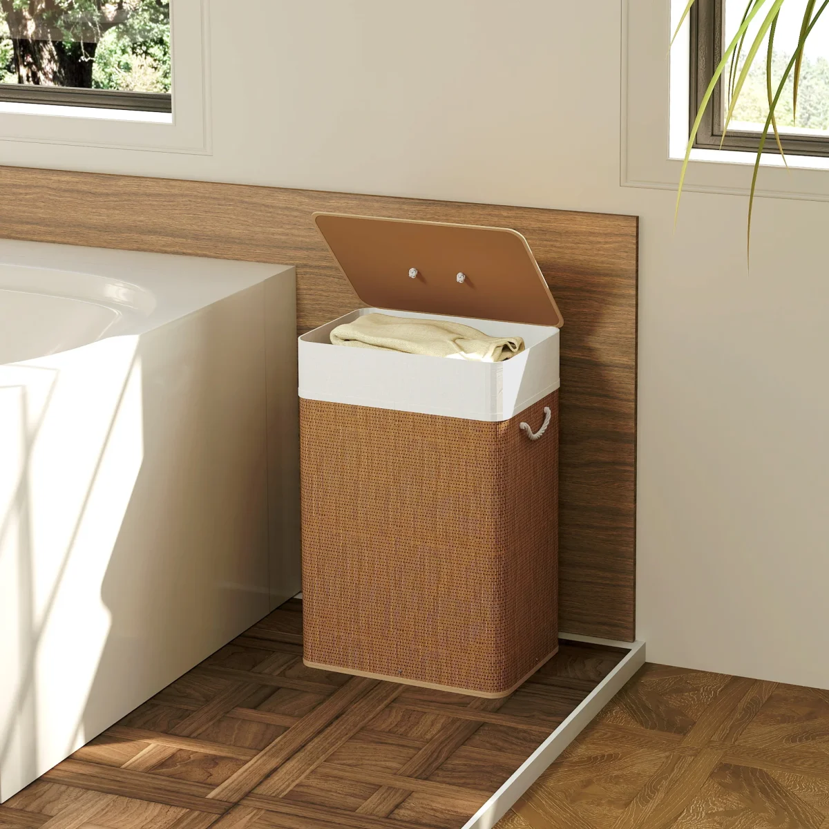 Cesto de Roupa com Tampa 72L Cesto de Roupa de Bambu com Bolsa Interior Removível e Alças para Lavandaria Dormitório 40x30x60 cm Madeira e Creme - Image 9