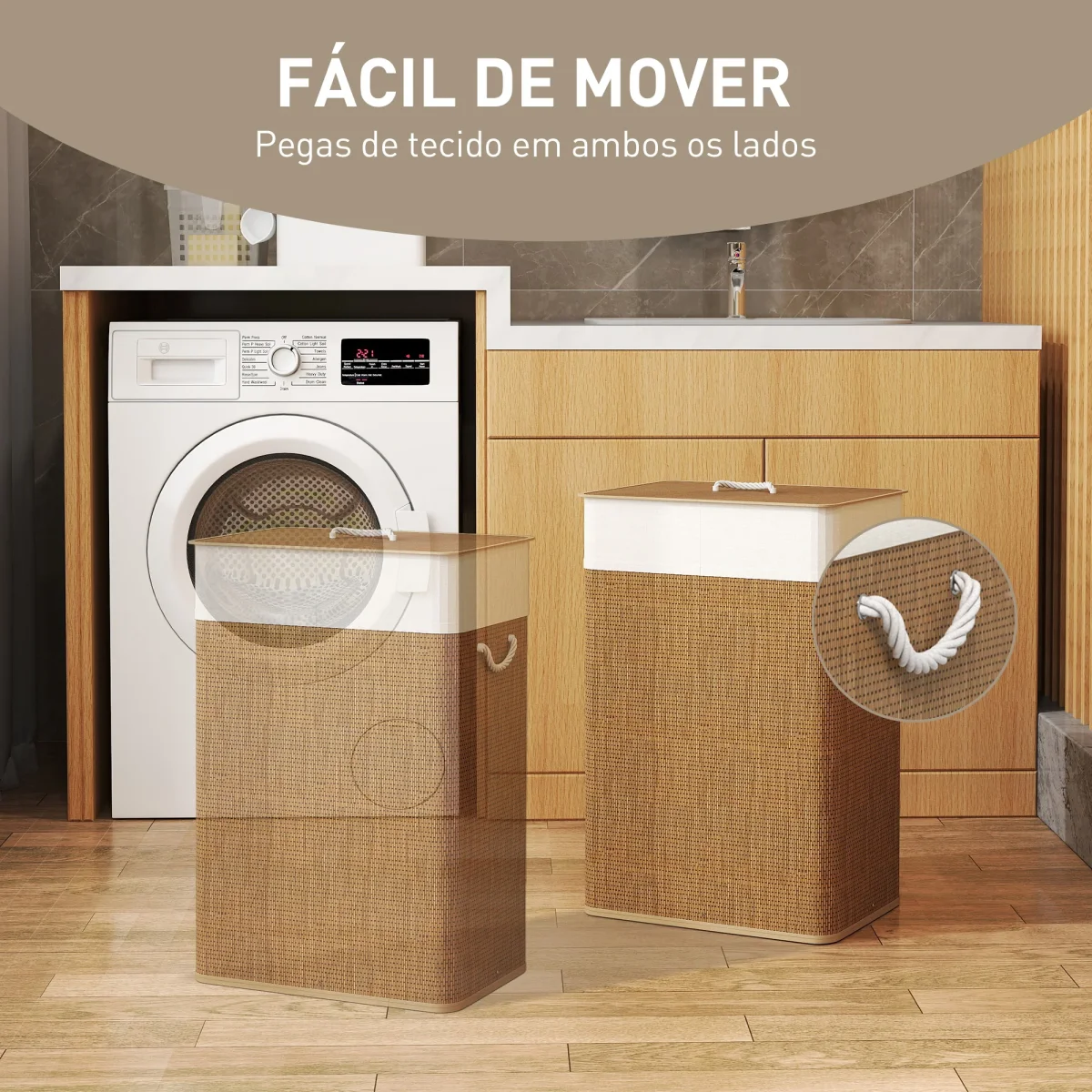 Cesto de Roupa com Tampa 72L Cesto de Roupa de Bambu com Bolsa Interior Removível e Alças para Lavandaria Dormitório 40x30x60 cm Madeira e Creme - Image 7