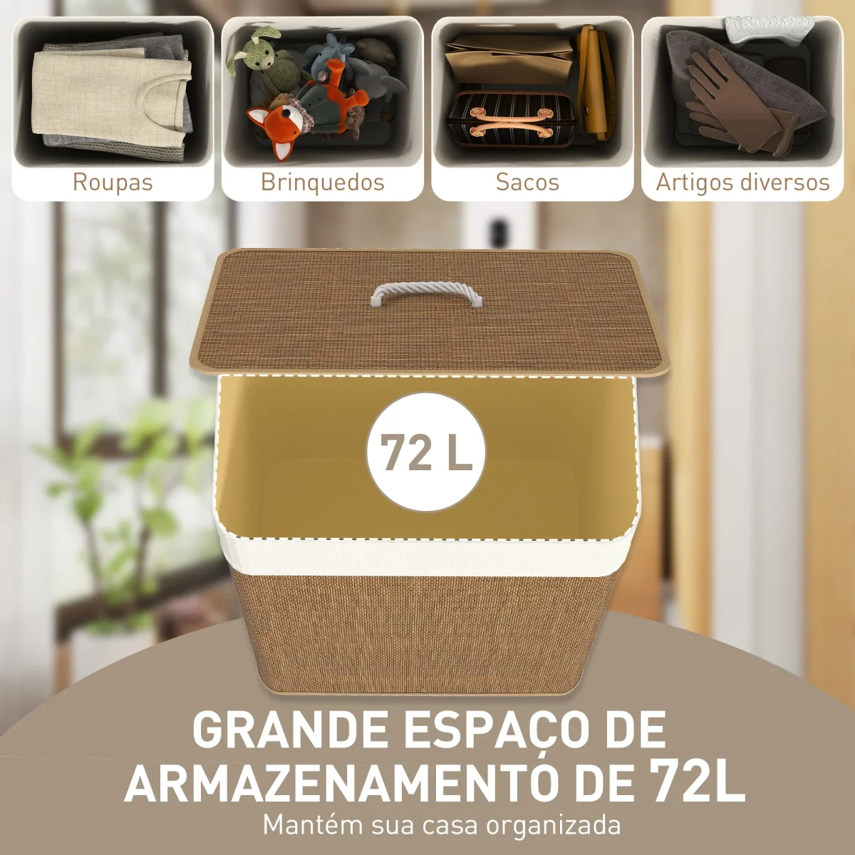Cesto de Roupa com Tampa 72L Cesto de Roupa de Bambu com Bolsa Interior Removível e Alças para Lavandaria Dormitório 40x30x60 cm Madeira e Creme - Image 5