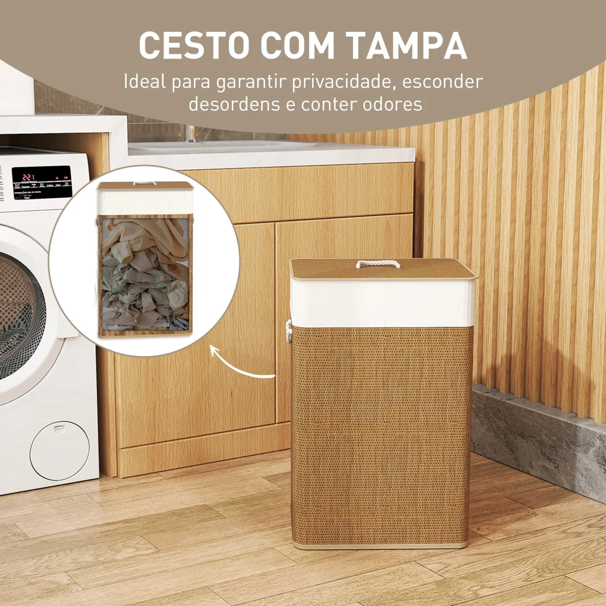 Cesto de Roupa com Tampa 72L Cesto de Roupa de Bambu com Bolsa Interior Removível e Alças para Lavandaria Dormitório 40x30x60 cm Madeira e Creme - Image 6