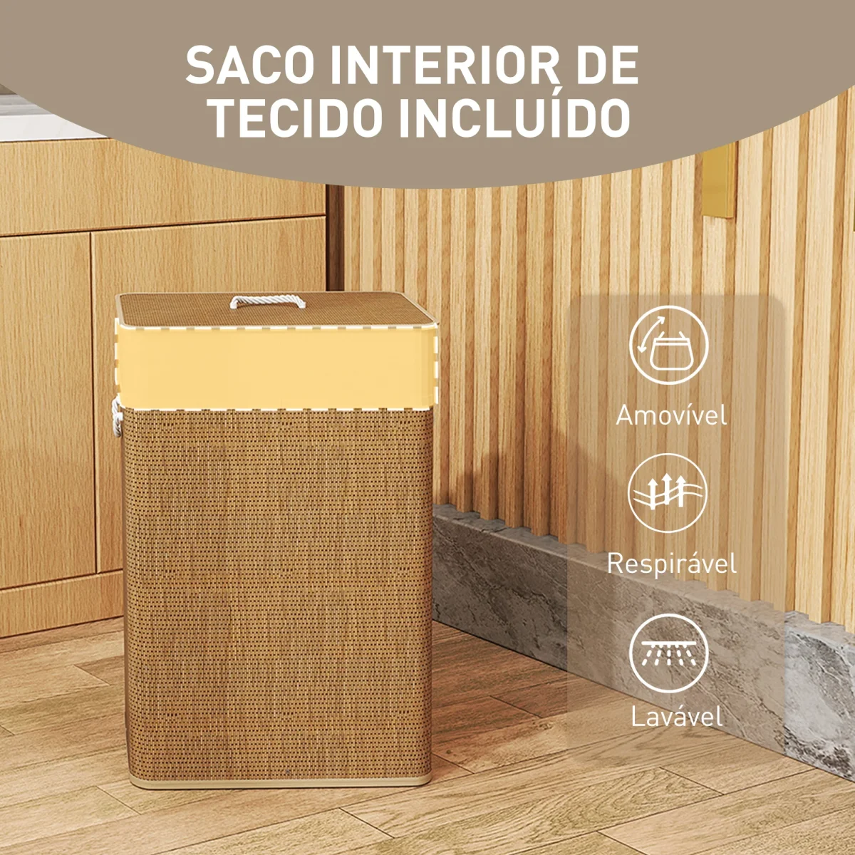 Cesto de Roupa com Tampa 72L Cesto de Roupa de Bambu com Bolsa Interior Removível e Alças para Lavandaria Dormitório 40x30x60 cm Madeira e Creme - Image 8