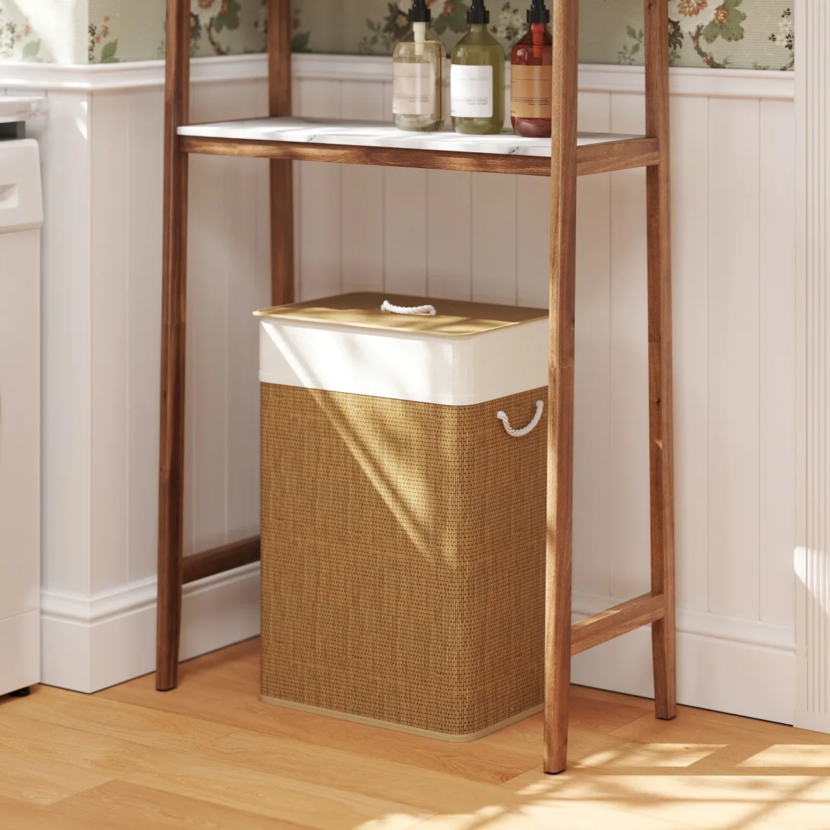 Cesto de Roupa com Tampa 72L Cesto de Roupa de Bambu com Bolsa Interior Removível e Alças para Lavandaria Dormitório 40x30x60 cm Madeira e Creme - Image 2